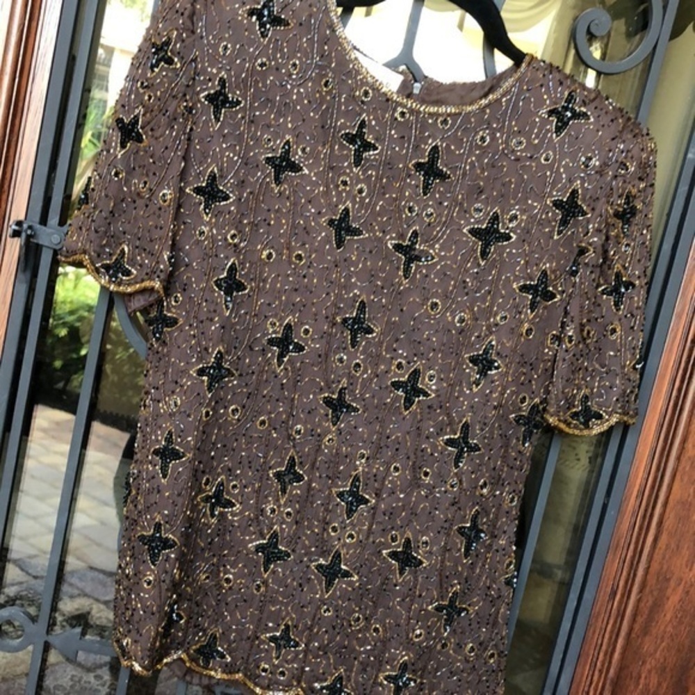 Stunning vintage Stenay silk br/blk/gld beaded top